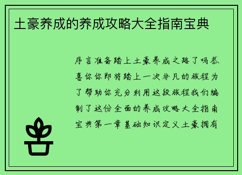 土豪养成的养成攻略大全指南宝典