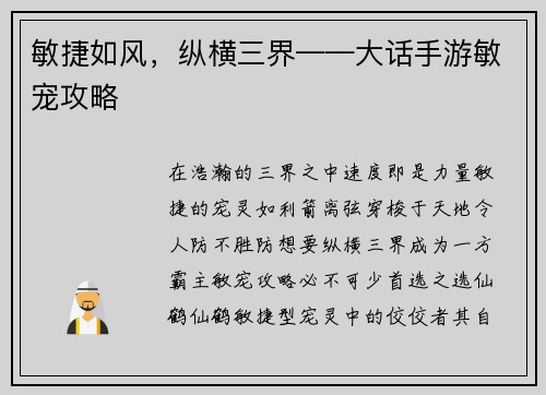 敏捷如风，纵横三界——大话手游敏宠攻略