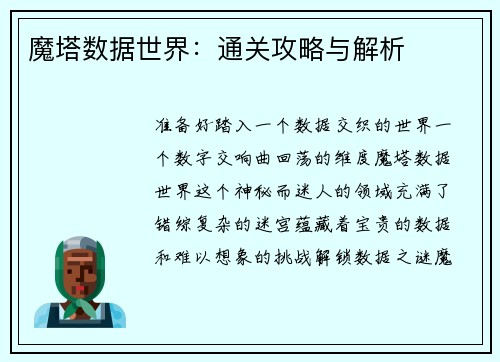 魔塔数据世界：通关攻略与解析