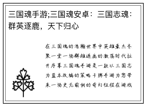 三国魂手游;三国魂安卓：三国志魂：群英逐鹿，天下归心